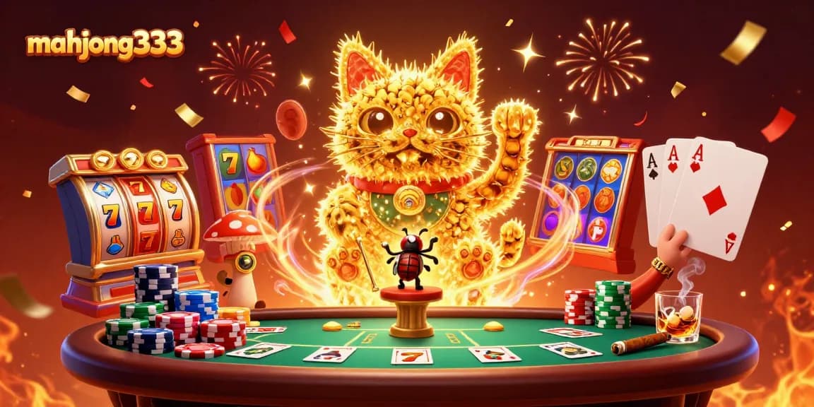 Experience the excitement of mahjong333 with vibrant slot symbols and a lucky cat illustration.