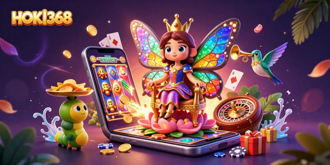 Experience thrilling gameplay with HOKI368 featuring vibrant slot machines and golden coins in a captivating scene.