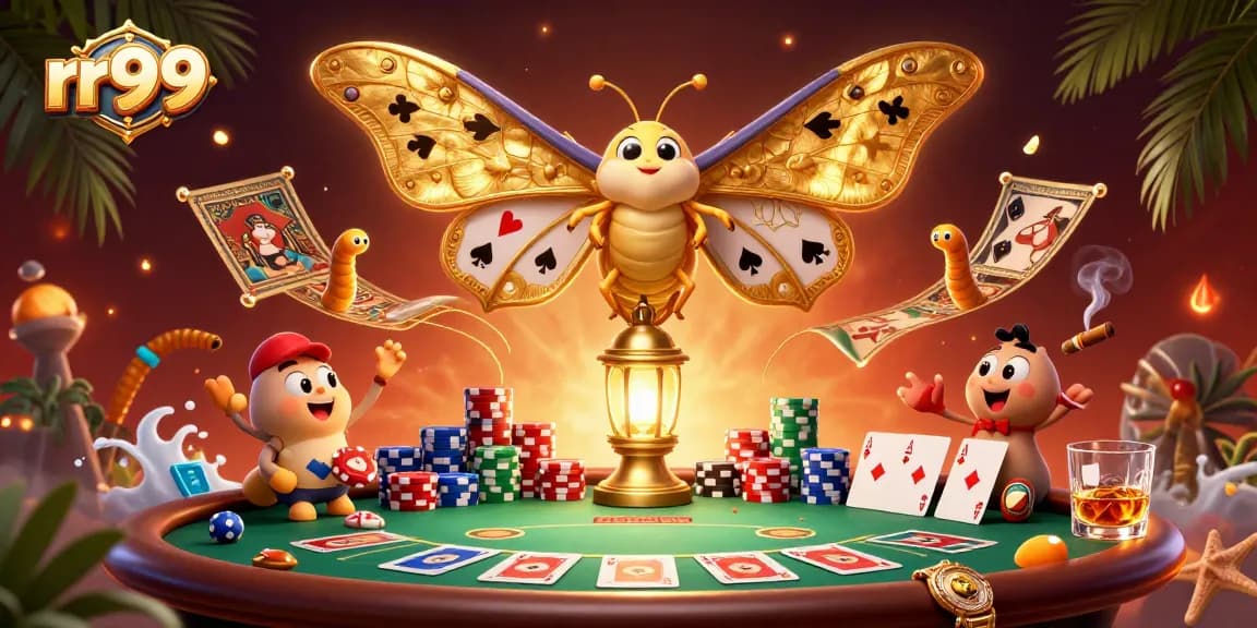 Experience thrilling gameplay with rr99's vibrant casino scene featuring a majestic moth and dynamic poker elements.