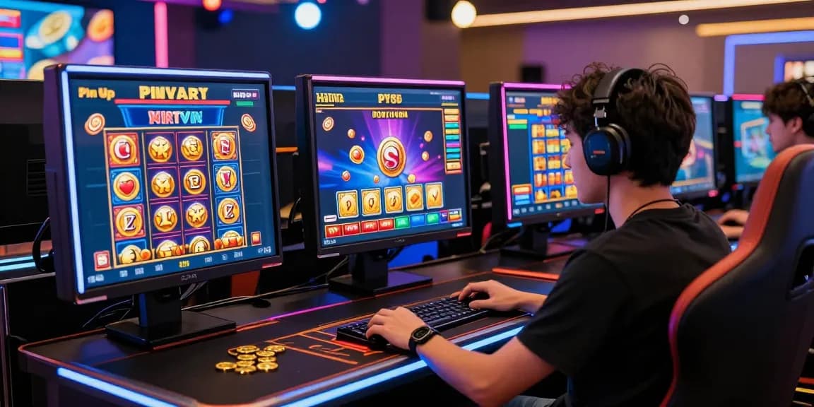 Exciting player engaging with Pin Up online casino games in a vibrant setting, showcasing colorful digital interfaces and immersive gaming elements.
