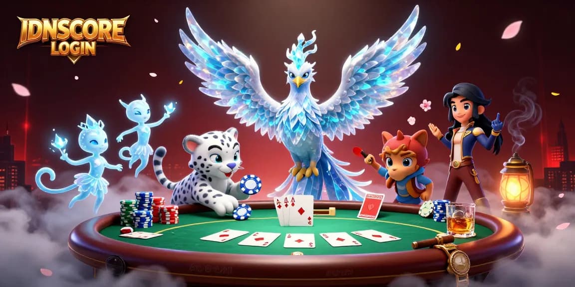 Experience thrilling gameplay with IDNSCORE LOGIN at a vibrant poker tournament, featuring whimsical characters and rich details.
