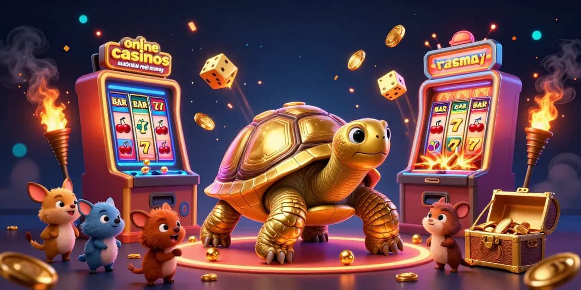 Engage with online casinos australia real money through a vibrant 3D illustration of a colossal golden tortoise as a pinball machine.