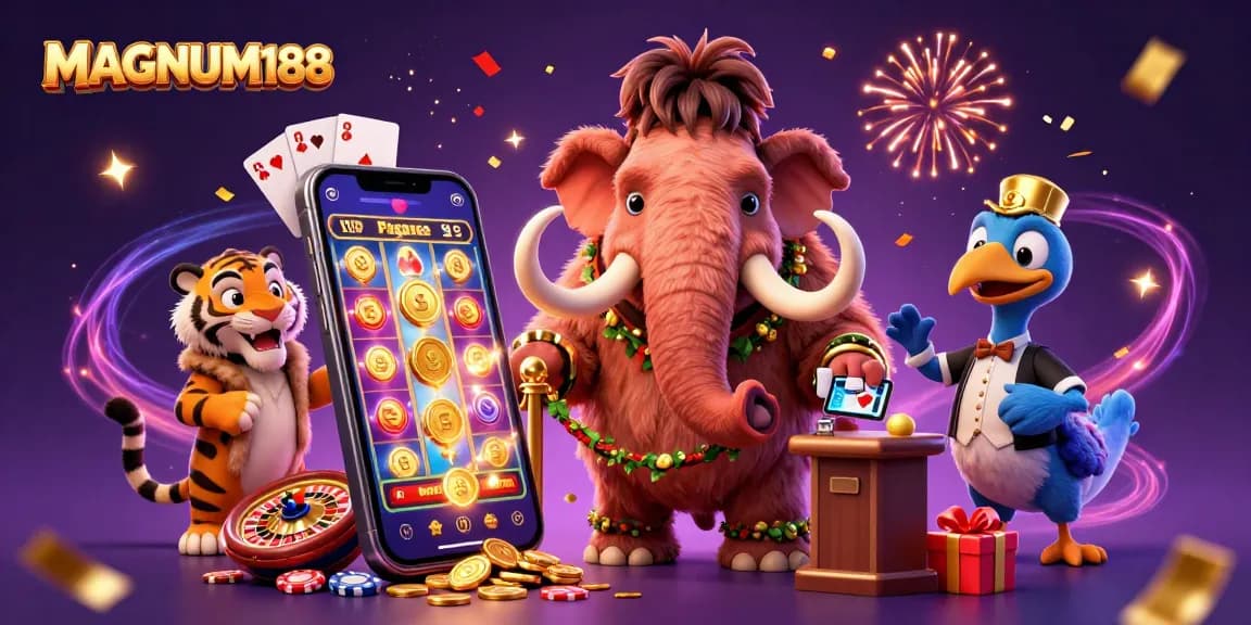 Experience the excitement of MAGNUM188 with a vibrant 3D casino scene showcasing unique characters and dynamic gaming elements.
