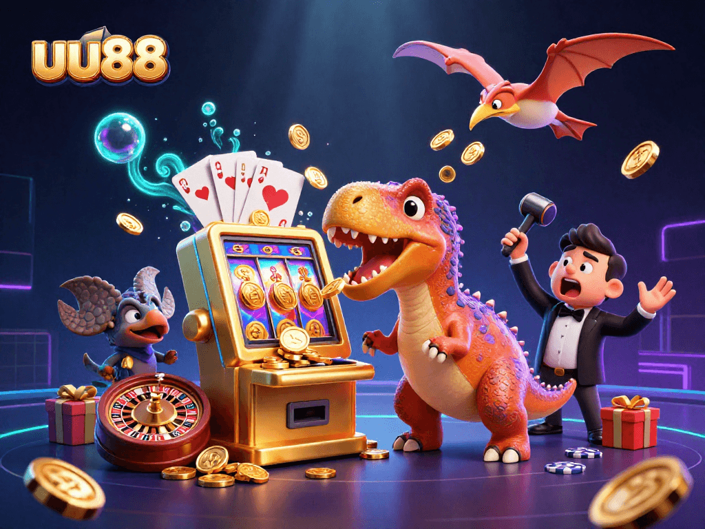 uu88 wins big as dinosaur hits jackpot, colorful slot machine coins fly in vibrant casino