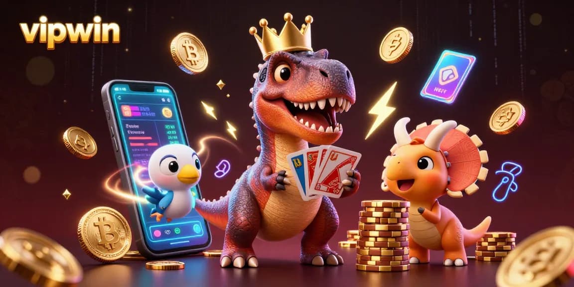 Experience thrills with vipwin's playful T-Rex card shuffling in a vibrant casino scene.