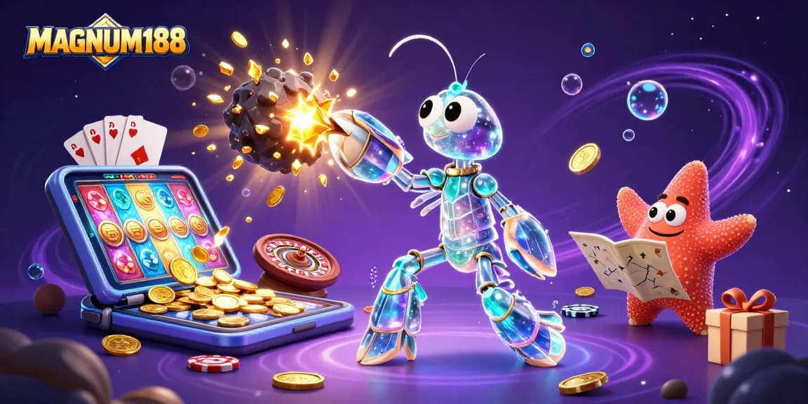 Experience MAGNUM188 through an animated scene showcasing a galactic samurai and starfish amidst a casino universe.