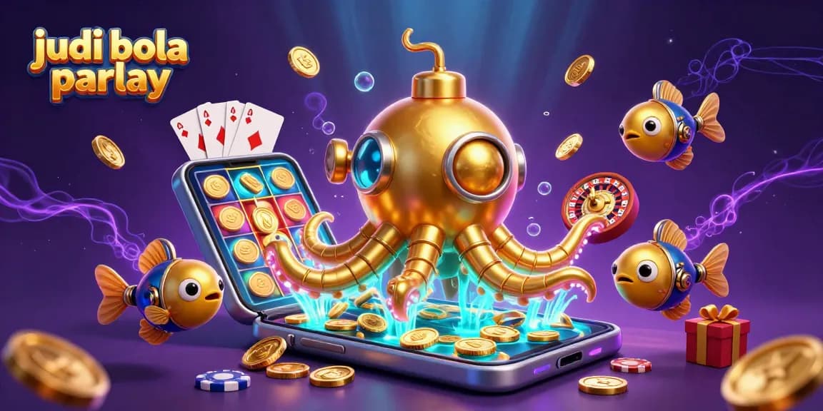 Engage in judi bola parlay betting with a vibrant 3D scene featuring a golden kraken and casino elements.