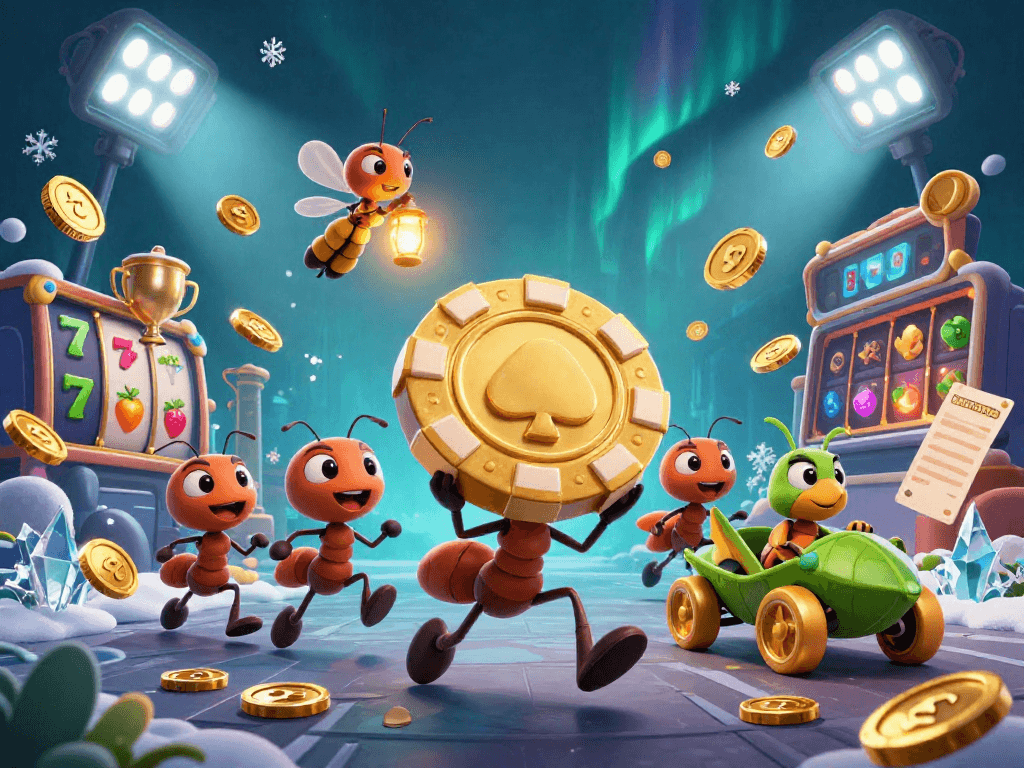 Experience lucky88games through a dynamic heist illustration featuring charming ants and casino elements.