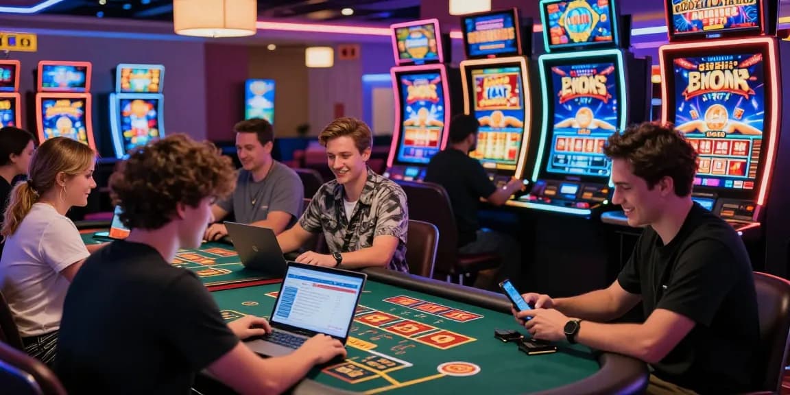 The lively atmosphere of casinos not on gamstop with players enjoying diverse games and bonuses.