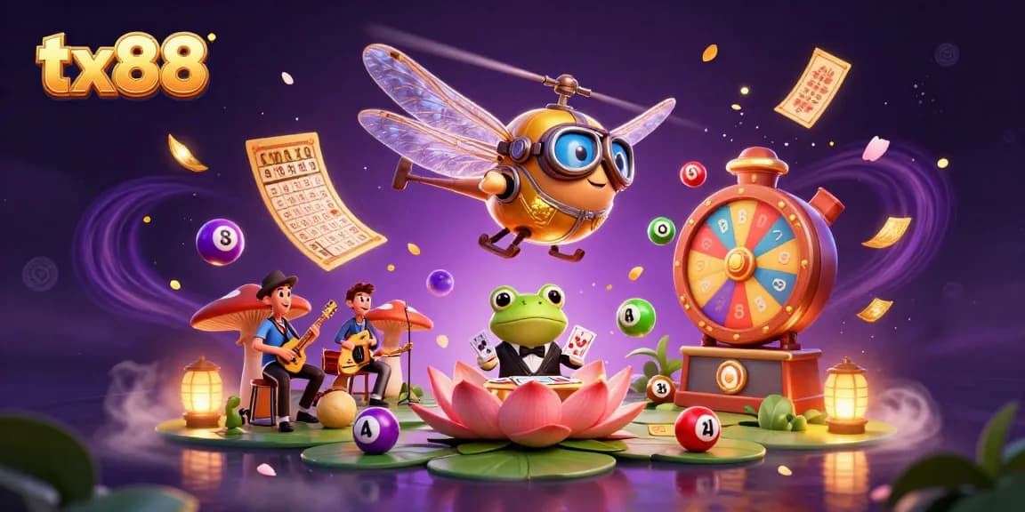 Engage with tx88's lively casino scene featuring dynamic lottery elements and animated characters.