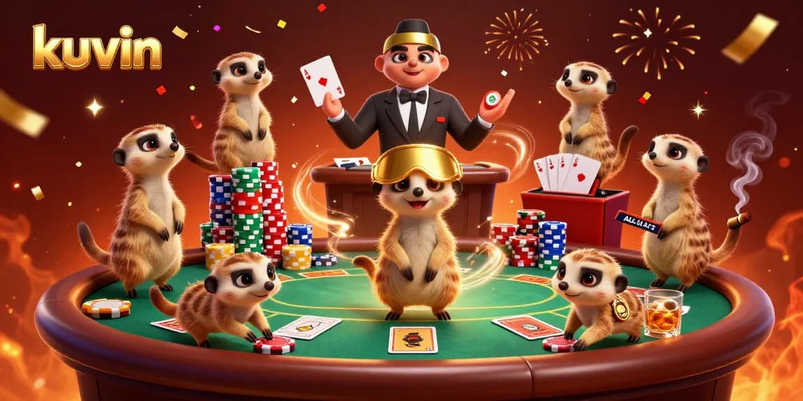 Kuvin meerkats showcase a vibrant casino scene with chips and cards, engaging in playful gambling.