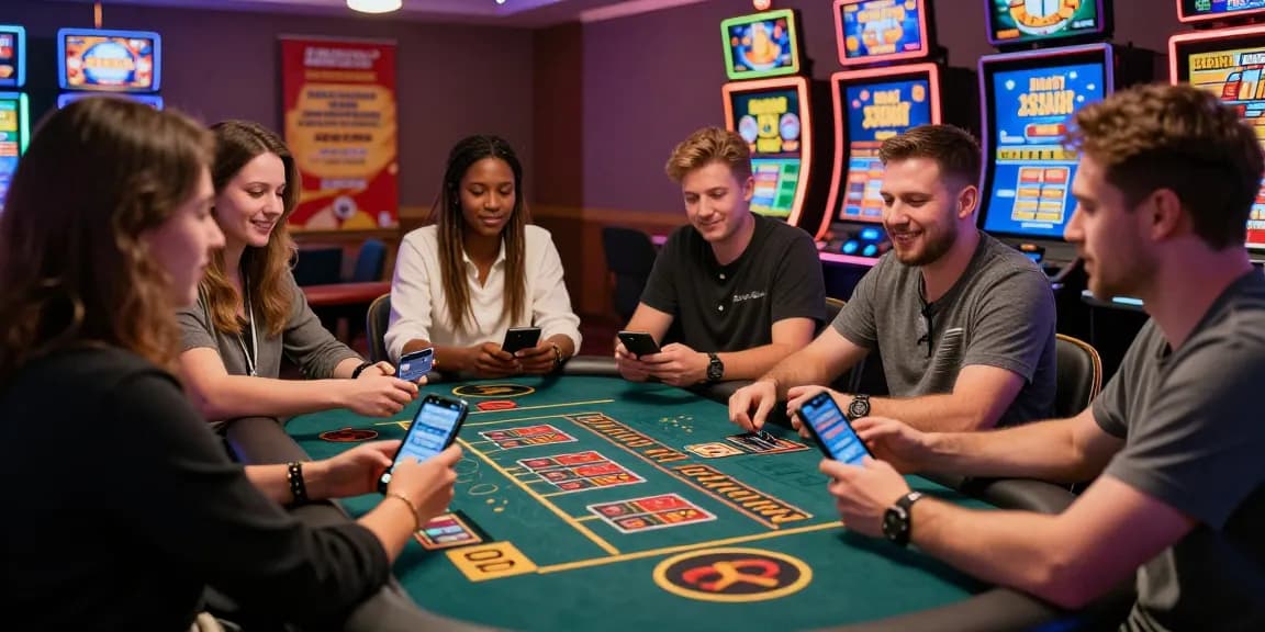 Exciting gaming scene at a credit card casino, with diverse players enjoying vibrant slot machines and promotions on jumpspace.org.uk.