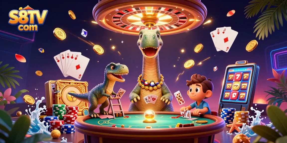 S8TV com showcases an epic gambling scene with a giant brontosaurus in a vibrant casino setting.