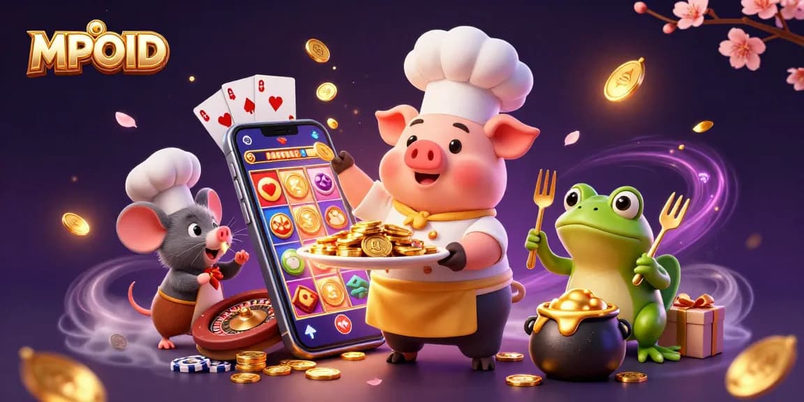 MPOID delivers an exciting gaming experience with characters showcasing gold coins and slot games in a vibrant casino scene.