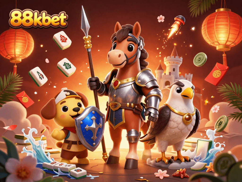 Experience the excitement of 88kbet in this vibrant casino scene featuring a knight, squire, and falcon.