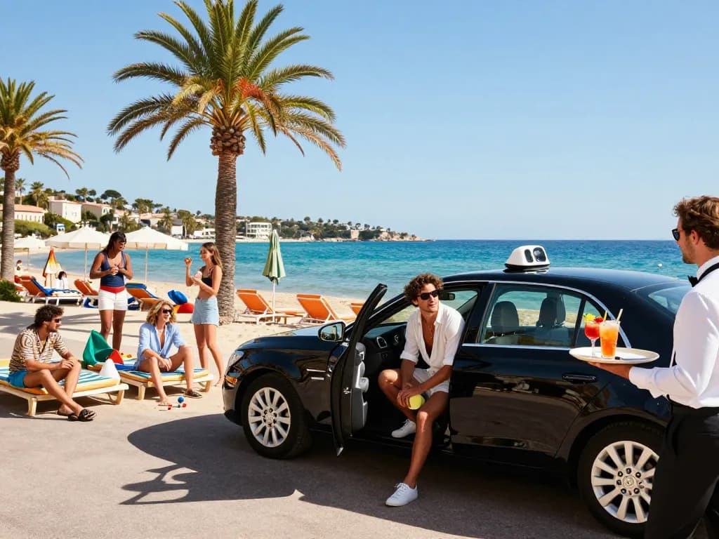 Taxi Saint-Tropez déposant un voyageur élégant à la plage, capturant le luxe et le plaisir des vacances d'été.