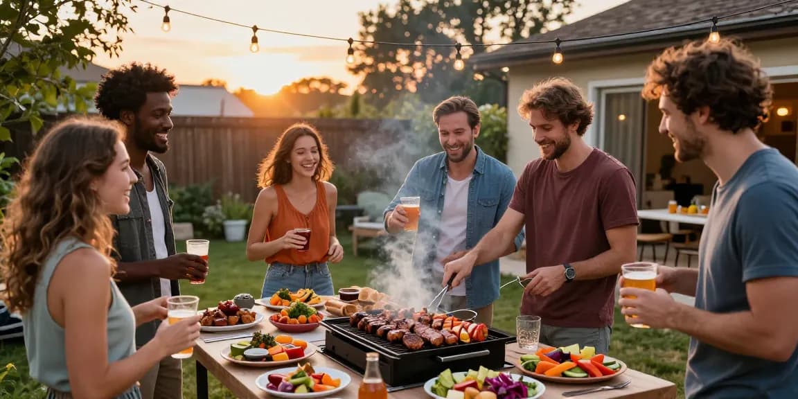 Barbecue bersama teman-teman dengan BOS 88 sebagai hidangan utama di halaman belakang.