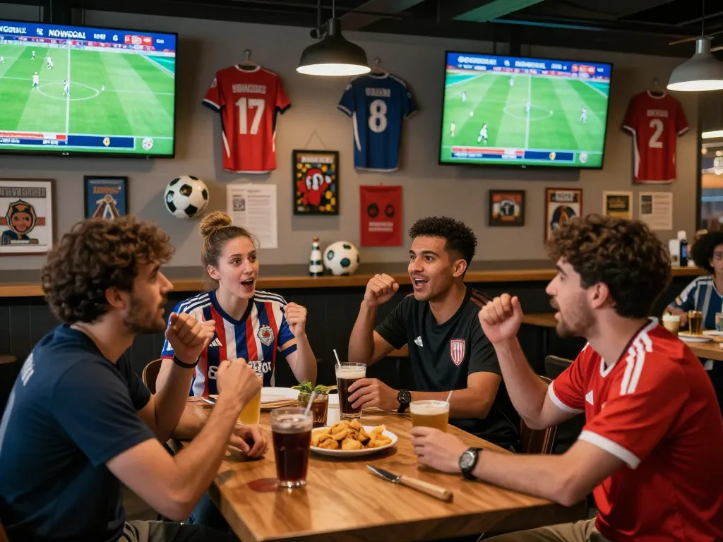 Soccer fans engaging in lively discussions while monitoring NOWGOAL updates in a sports bar.