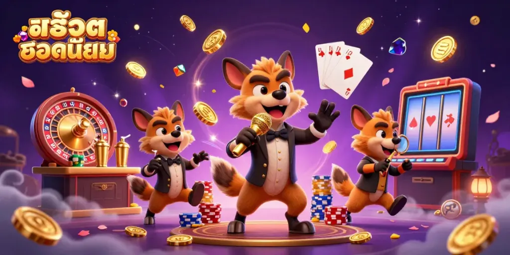 Experience exciting gameplay with สล็อตยอดนิยม as hyenas entertain in a vibrant casino scene filled with gold coins.