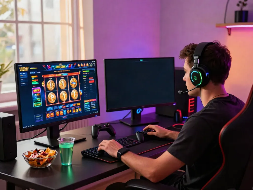 Engaging online gaming setup featuring akunjp-themed slot machine graphics and vibrant gaming peripherals.
