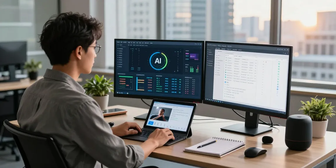 Detect AI image in tech workspace with multiple screens showing analytics and AI detection metrics.