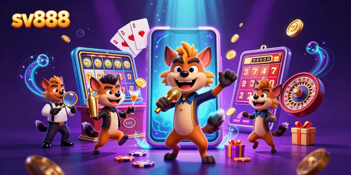 Engage with sv888 at a dynamic comedy casino featuring hyenas, slot games, and vibrant decorations.