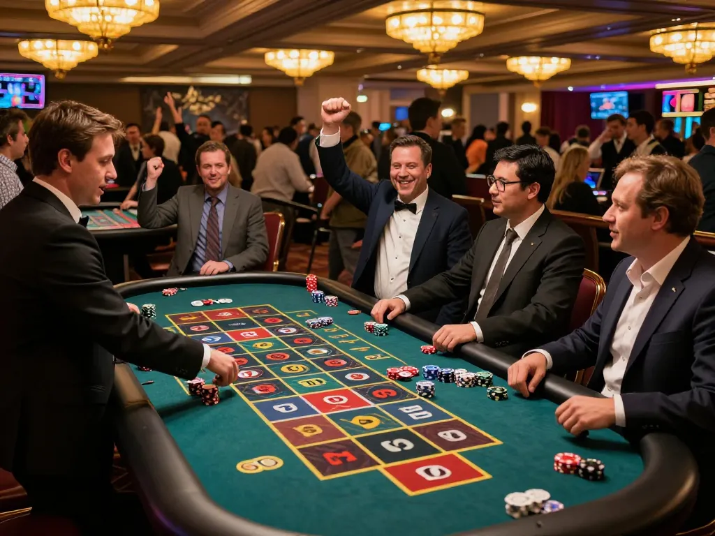 Players enjoying sunwingo at a lively roulette table in an exciting casino environment.