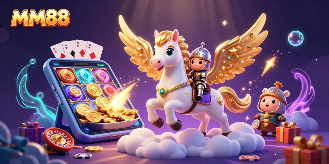 Experience MM88's thrilling casino world with a mythical horse, knight, and games.