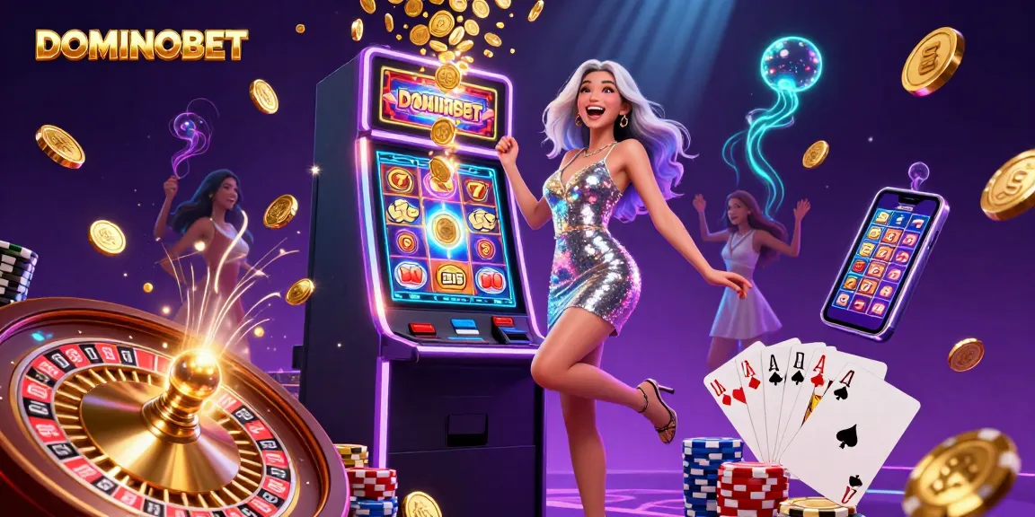 DOMINOBET promotions featuring exciting slot jackpots and glowing casino elements.