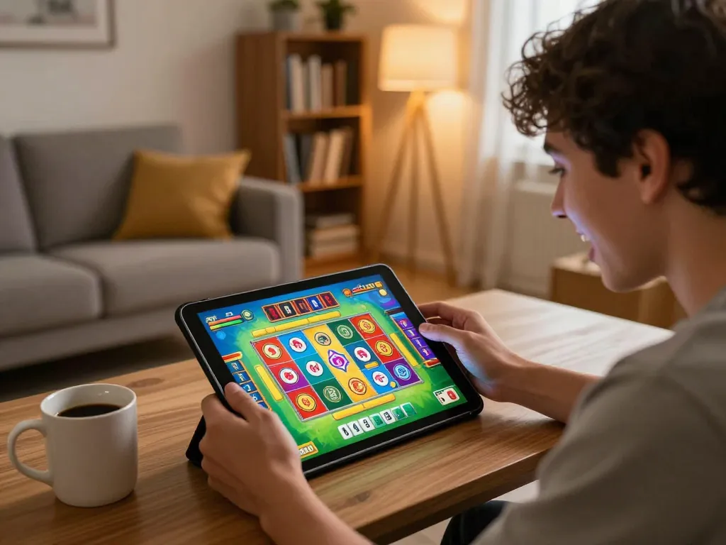 Player enjoying an exciting slot mahjong game on a tablet in a cozy home environment.