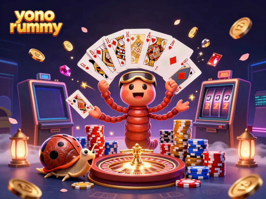 Permainan yono rummy menampilkan dealer kartun 3D, pecahan chip, dan koin emas berterbangan dalam suasana berjudi yang menakjubkan