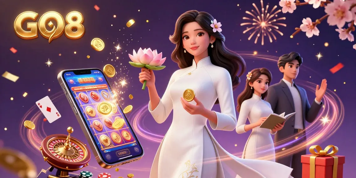 Spin the reels at GO8 with a vibrant 3D illustration featuring casino games and celebratory elements.