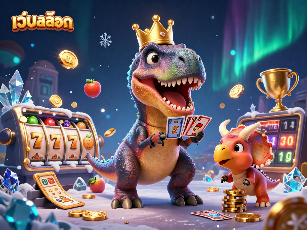Engage with เว็บสล็อต games as a cheerful dinosaur deals cards with fun casino elements.