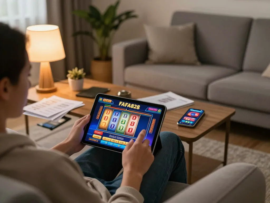 การเล่นเกมสล็อต FAFA828 บนอุปกรณ์แท็บเล็ตในบรรยากาศห้องนั่งเล่นที่อบอุ่น แสดงถึงการพนันออนไลน์