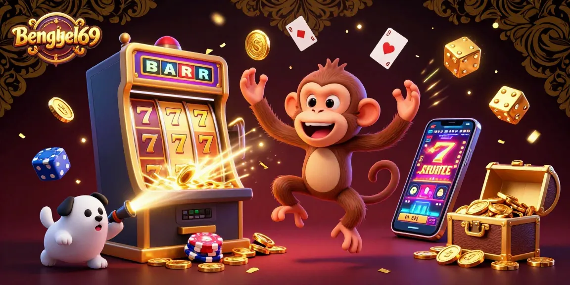 Bengkel69 showcases a lively casino scene with a playful monkey and ghost-hunter puppy surrounded by sparkling gaming elements.