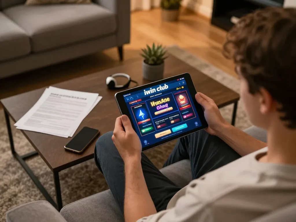 Engaging in iwin club online gaming experience using a tablet in a cozy home environment.