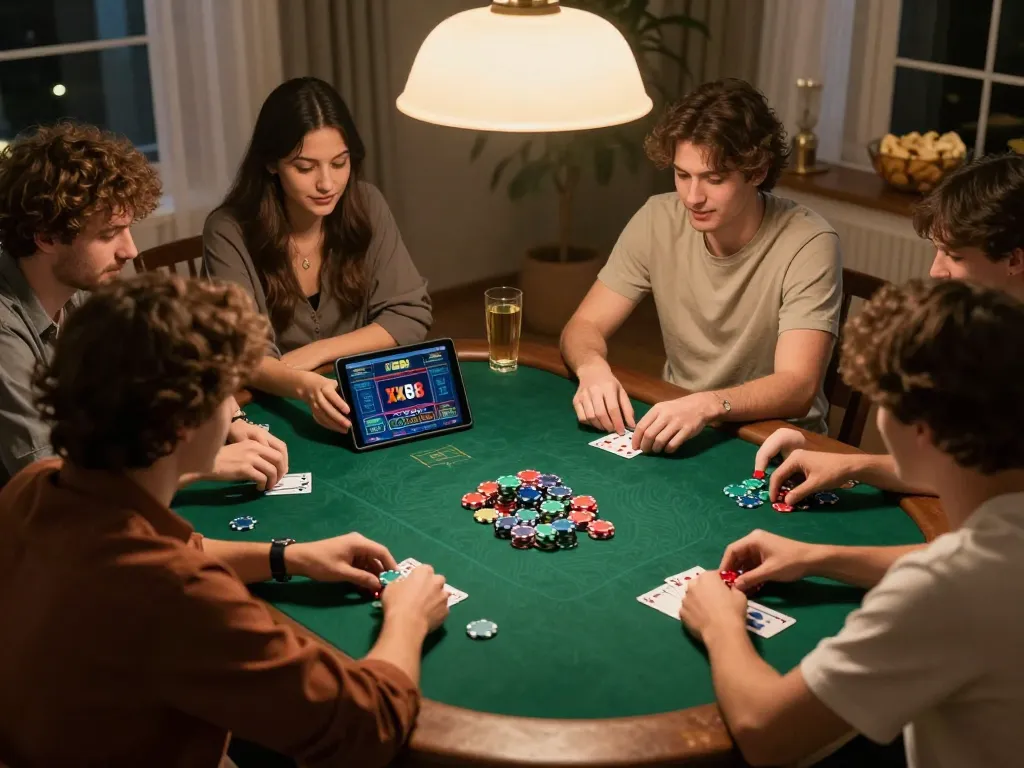 Friends enjoying an intense poker game with the XX88 online casino interface in a cozy home atmosphere