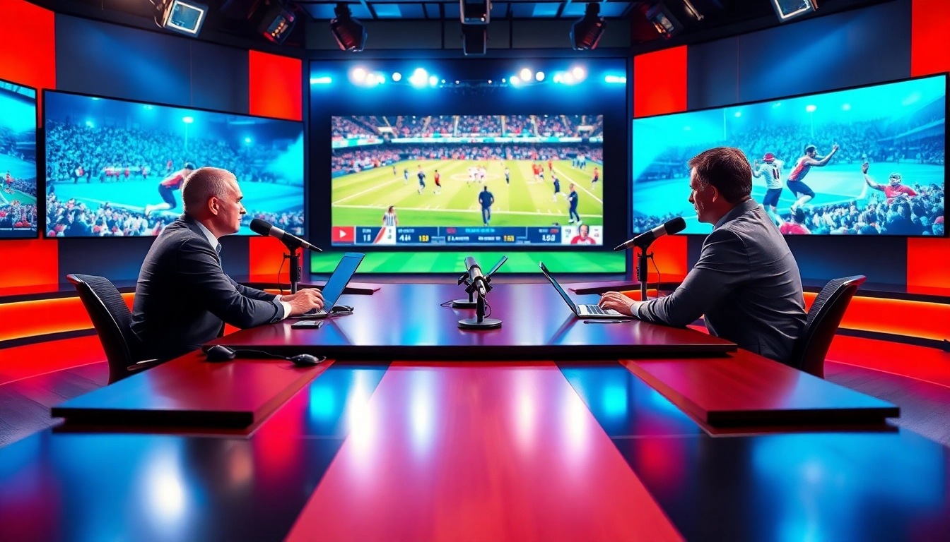 Engaging sports broadcasting scene with announcers and dynamic screen highlights.