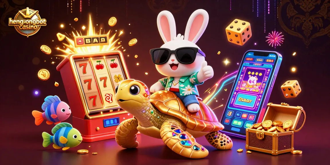 Experience the fun of hengongbetcasino with a lucky rabbit and gold treasures in a vibrant casino scene.