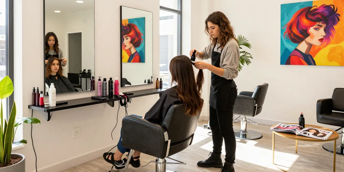 Stylish salon featuring current hair style trend with vibrant colors and professional stylist.