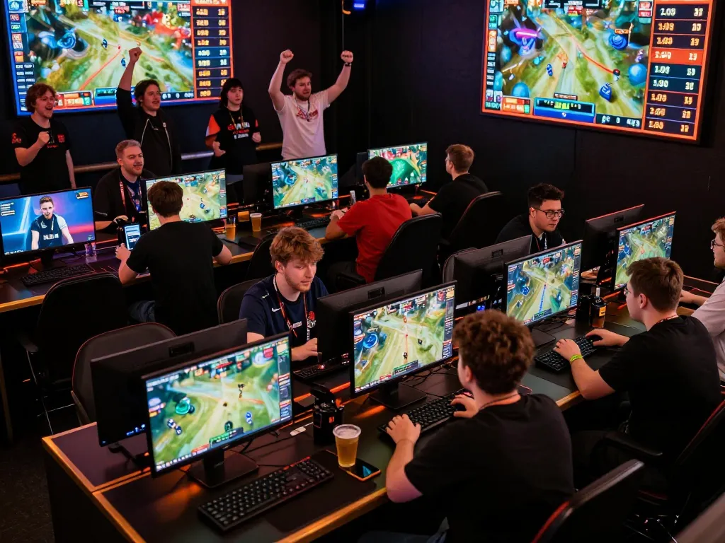 Esports enthusiasts actively engaging in tr88 betting strategy with dynamic screens and enthusiastic atmosphere