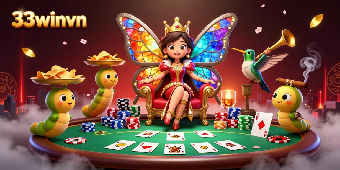 Engage with 33winvn in a vibrant 3D casino scene featuring a butterfly queen and poker elements.