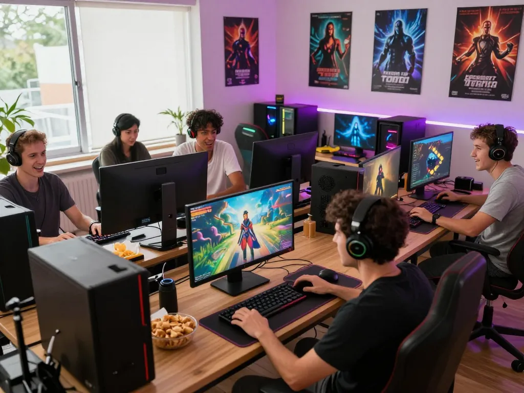 Exciting gaming environment showcasing adults enjoying online porn games with colorful lighting and interactive setups.