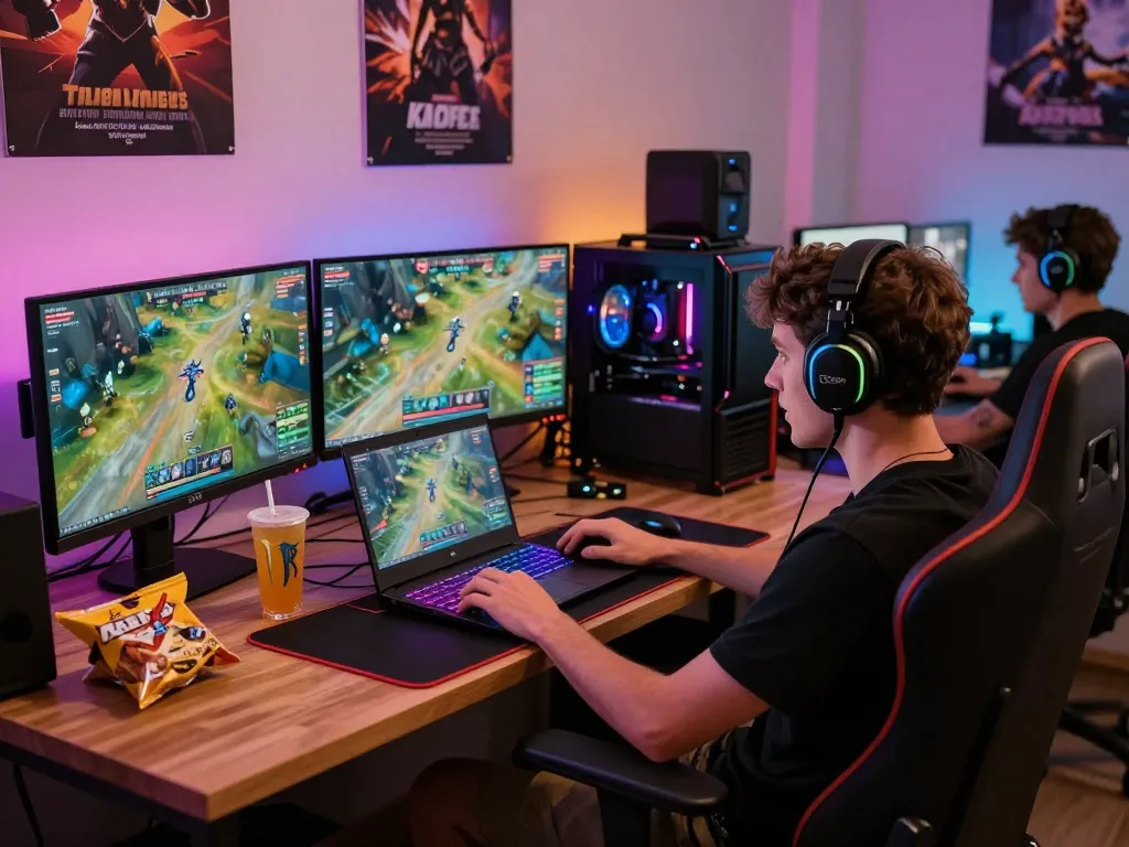 Dewi123 gaming setup with lively atmosphere, player engaged with multiple screens.