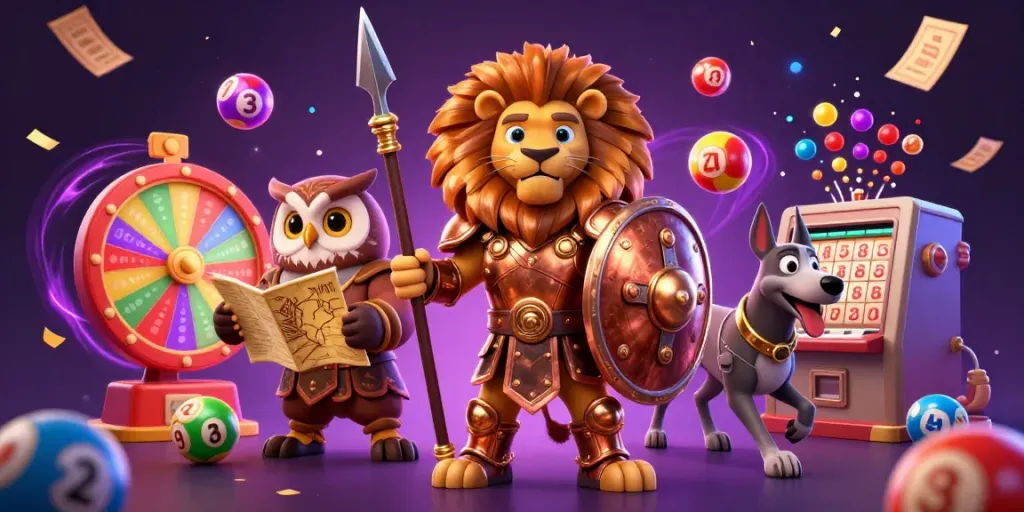 Ilustrasi 3D menampilkan karakter janda4duye dalam suasana permainan lotere yang dinamis.