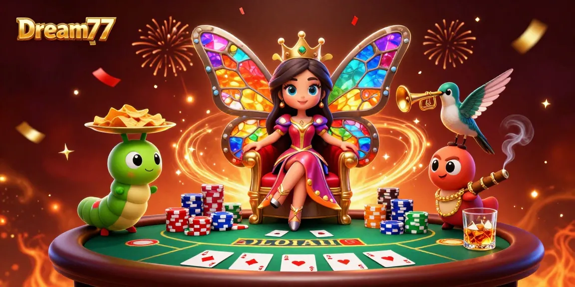 Experience high-stakes poker with Dream77, featuring a vibrant butterfly queen in a 3D illustration.