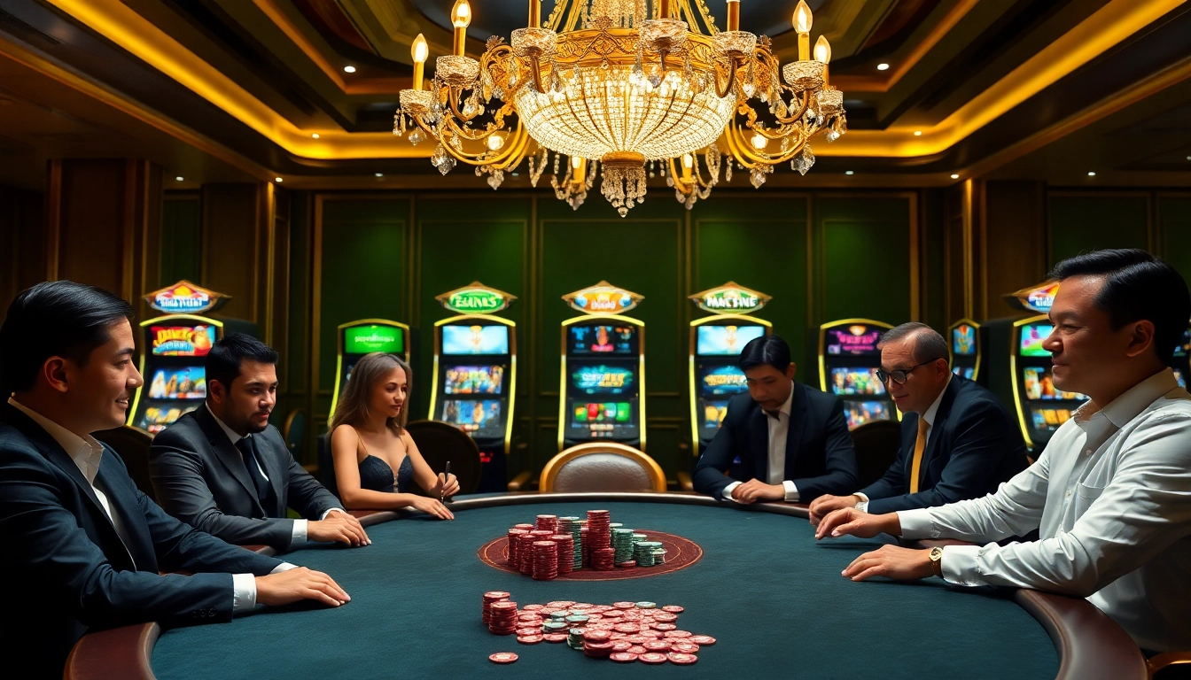 Experience thrilling gameplay at https://fb88.style/ through a vibrant casino scene with poker and slot machines.