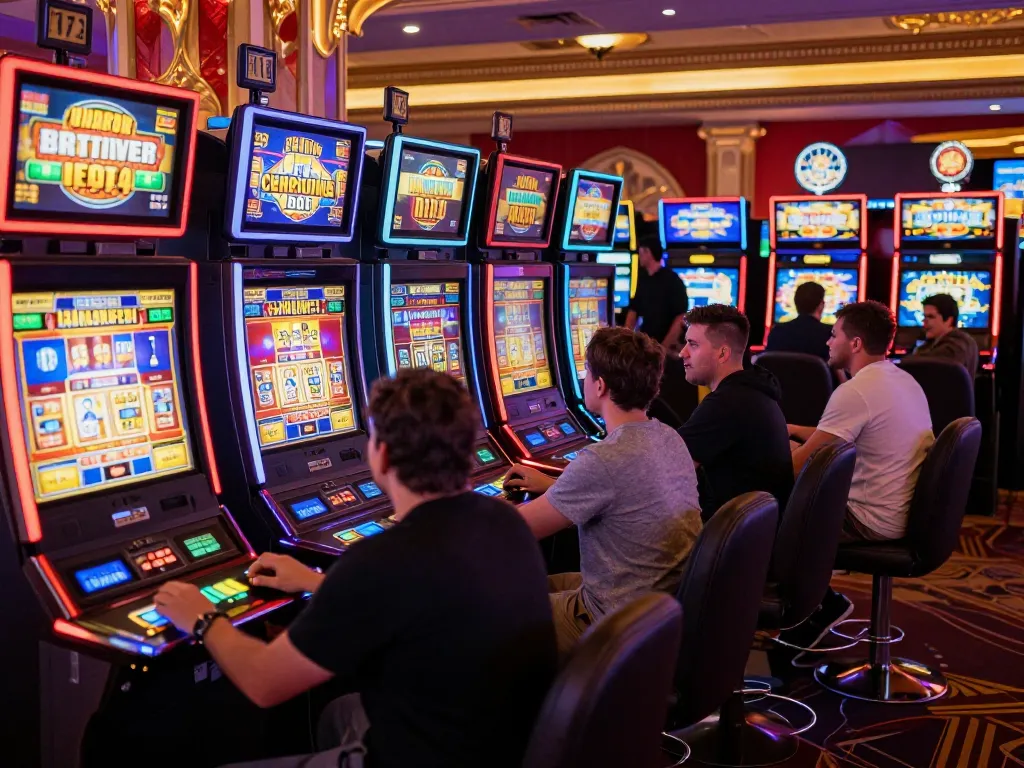 Situs slot gacor showcasing players engaging with colorful slot machines in a lively casino