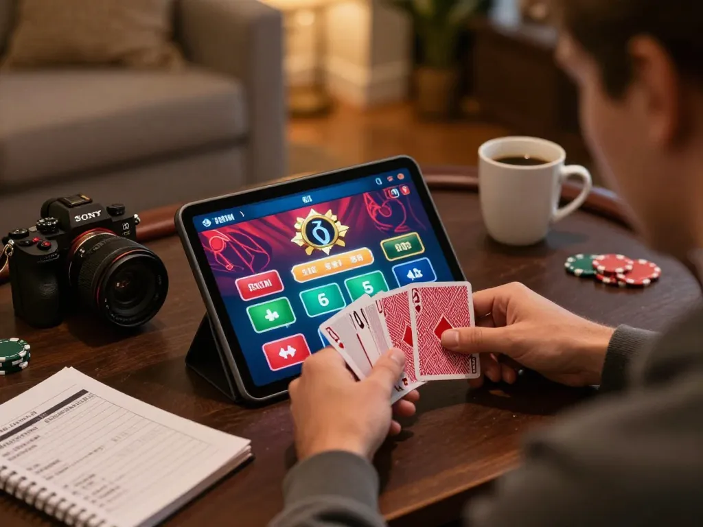 Player engaging in a strategic poker session on a tablet while enjoying the 789F online casino atmosphere.