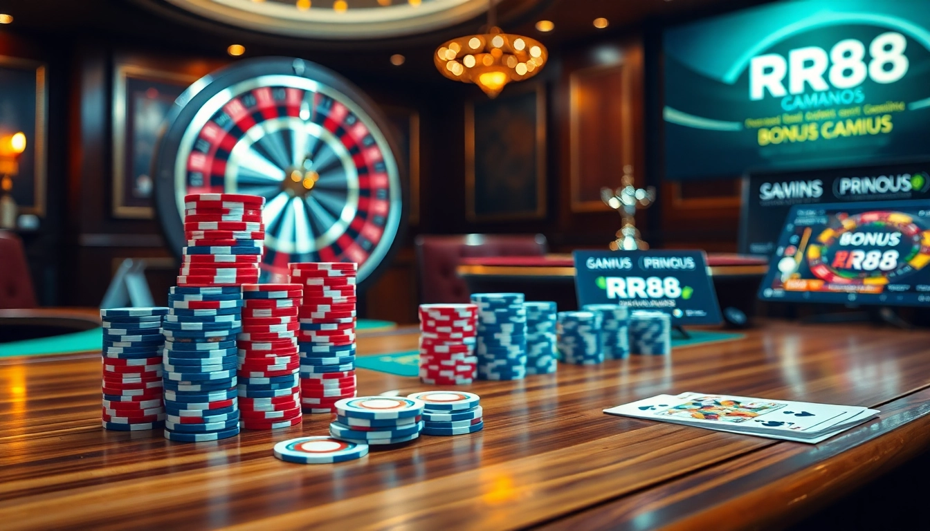 RR88 casino scene featuring vibrant poker chips and a spinning roulette wheel for an engaging online gambling experience.
